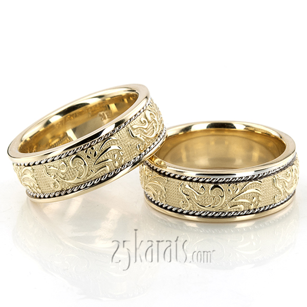 HHHC100235 18K Gold Floral Carved Antique Wedding Band Set