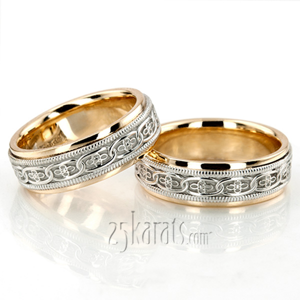 Classic Floral Carved Celtic Wedding Ring Set