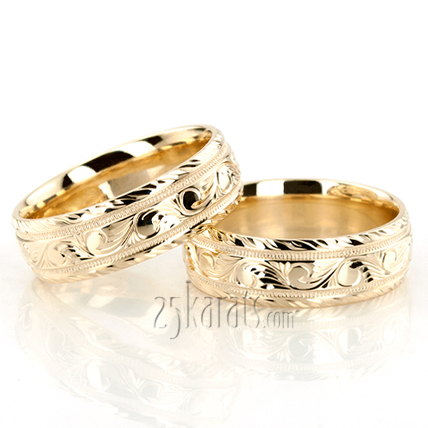 Chic Hand Engraved Milgrain Wedding Band Set