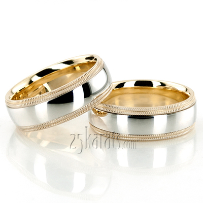 Shiny Double-Milgrain Two-Tone Wedding Ring Set