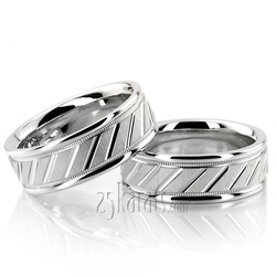 Diagonal Cut Milgrain Diamond Carved Wedding Band Set