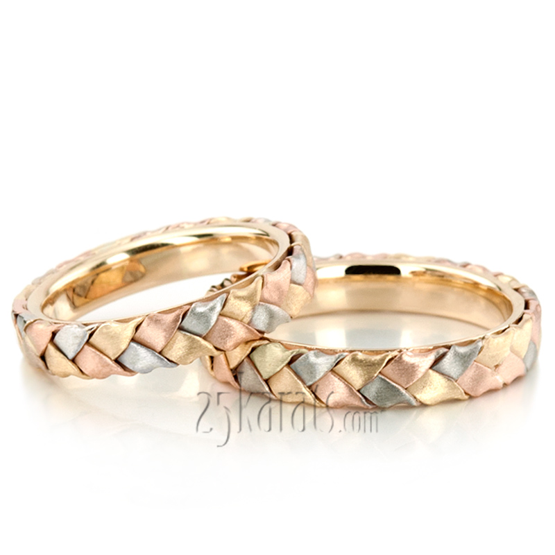 Bestseller Tri-Tone Hand Woven Gold Wedding Band Set