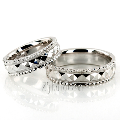 Fish Scale Style Edge Diamond Cut Wedding Ring Set