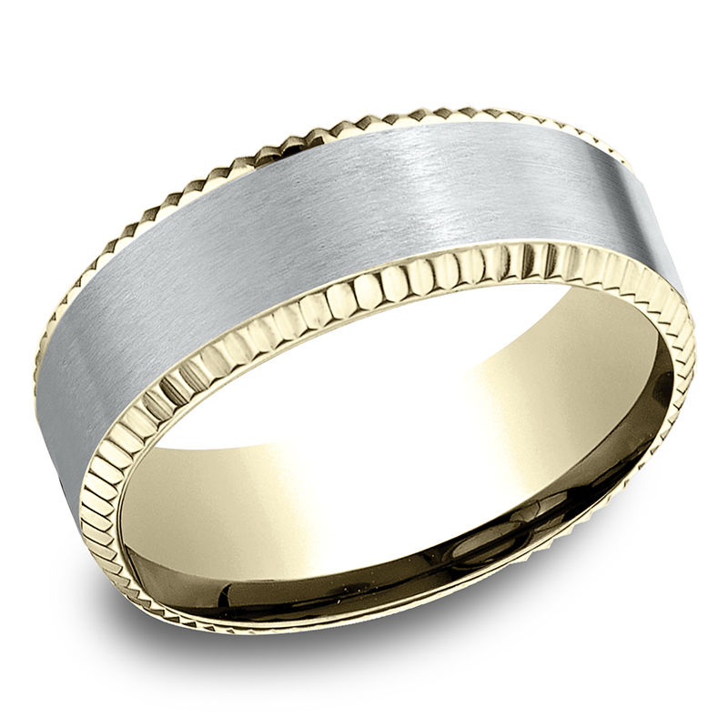 14K yellow-white-yellow gold 8mm. satin Two-Tone-8mm-Comfort-Fit-Coin-Edge-Satin-Center-De - alternate view 2