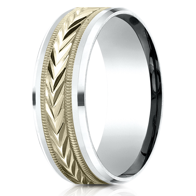 Benchmark 8mm Two Tone Comfort Fit Drop Bevel Wheat Pattern Design Band