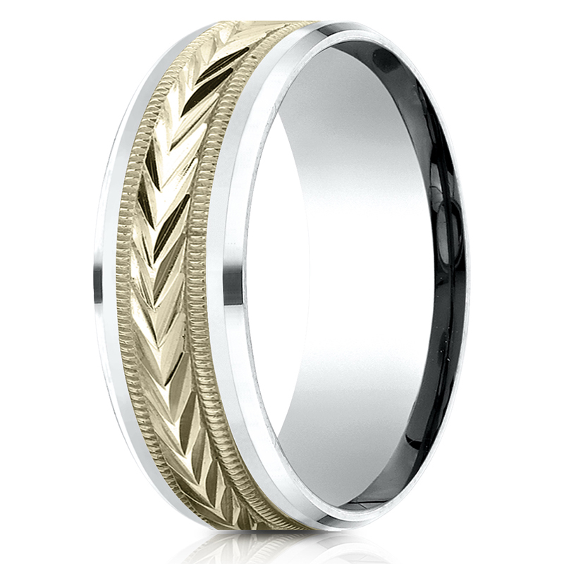 10K white-yellow-white gold 8mm. same as picture Benchmark-8mm-Two-Tone-Comfort-Fit-Drop-Bevel-Whea - main view