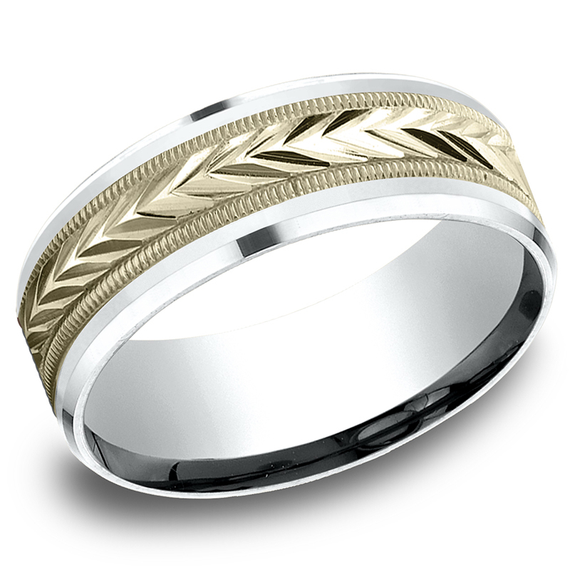 10K white-yellow-white gold 8mm. same as picture Benchmark-8mm-Two-Tone-Comfort-Fit-Drop-Bevel-Whea - alternate view 2