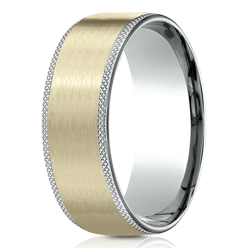 14K white-yellow-white gold 8mm. satin Benchmark-8mm-Comfort-Fit-Knurled-Edge-Satin-Finis - main view