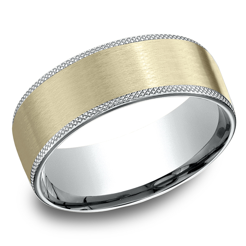 14K white-yellow-white gold 8mm. satin Benchmark-8mm-Comfort-Fit-Knurled-Edge-Satin-Finis - alternate view 2