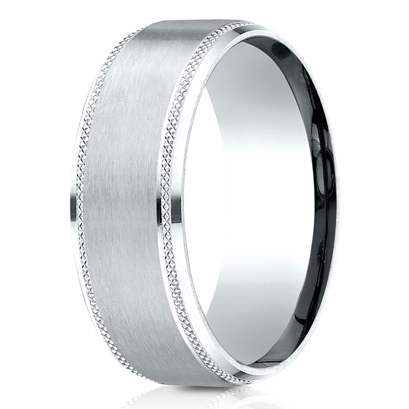 10K all white gold 8mm. satin Benchmark-8mm-Comfort-Fit-Knurled-Drop-Bevel-Satin - main view
