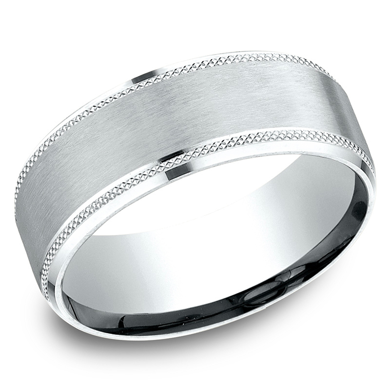 10K all white gold 8mm. satin Benchmark-8mm-Comfort-Fit-Knurled-Drop-Bevel-Satin - alternate view 3