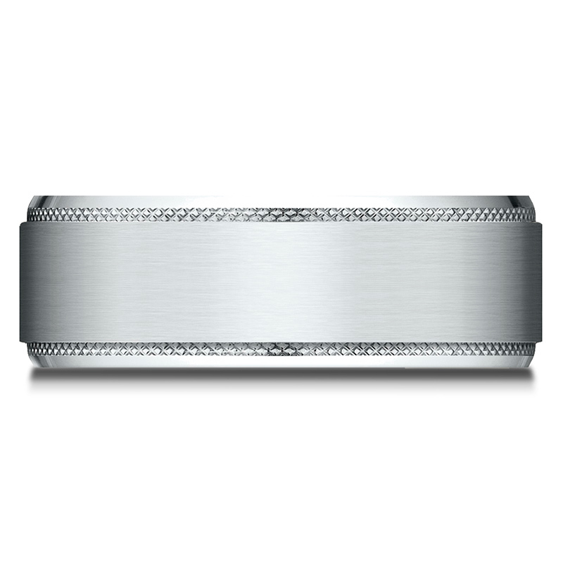 10K all white gold 8mm. satin Benchmark-8mm-Comfort-Fit-Knurled-Drop-Bevel-Satin - alternate view 4