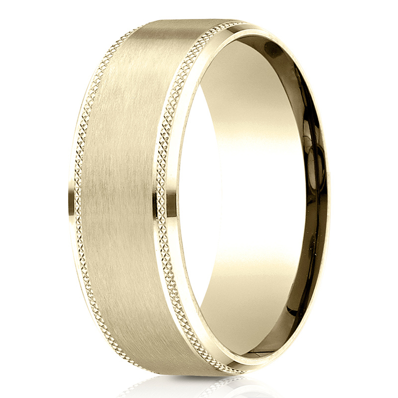 10K all yellow gold 8mm. satin Benchmark-8mm-Comfort-Fit-Knurled-Drop-Bevel-Satin - alternate view 2