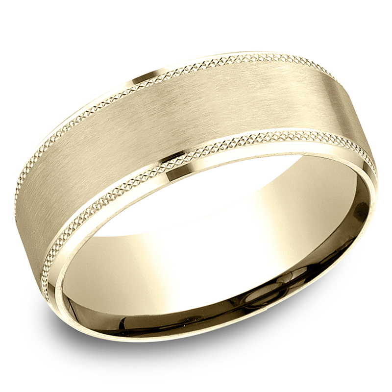 10K all yellow gold 8mm. satin Benchmark-8mm-Comfort-Fit-Knurled-Drop-Bevel-Satin - alternate view 5