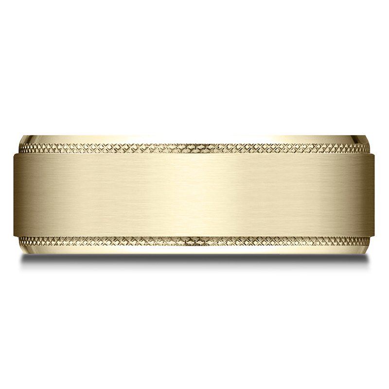 10K all yellow gold 8mm. satin Benchmark-8mm-Comfort-Fit-Knurled-Drop-Bevel-Satin - alternate view 6