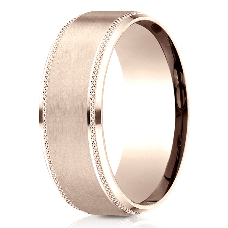 10K pink gold 8mm. satin Benchmark-8mm-Comfort-Fit-Knurled-Drop-Bevel-Satin - alternate view 7