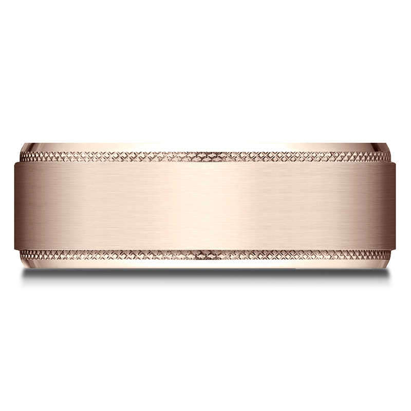 10K pink gold 8mm. satin Benchmark-8mm-Comfort-Fit-Knurled-Drop-Bevel-Satin - alternate view 9