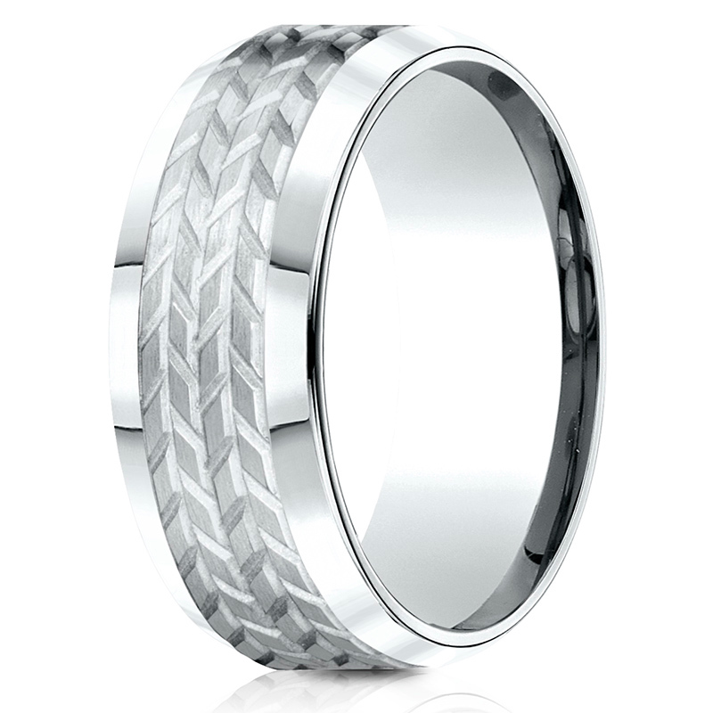 14K all white gold 8mm. satin Benchmark-8mm-Comfort-Fit-Beveled-Edge-Treaded-Des - alternate view 2
