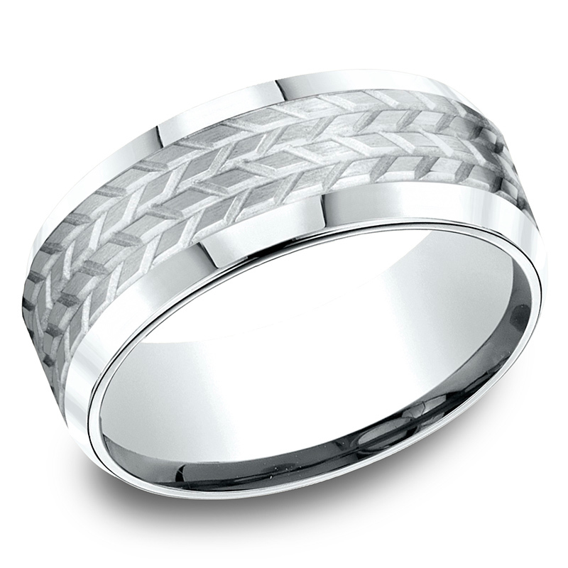 14K all white gold 8mm. satin Benchmark-8mm-Comfort-Fit-Beveled-Edge-Treaded-Des - alternate view 3