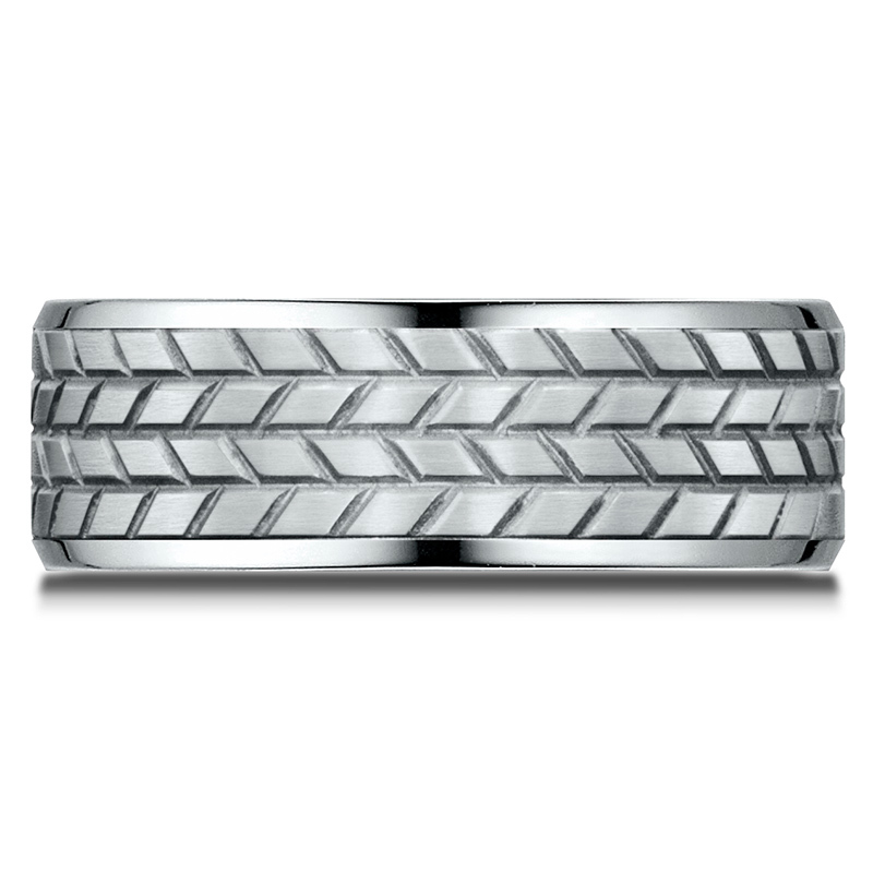 14K all white gold 8mm. satin Benchmark-8mm-Comfort-Fit-Beveled-Edge-Treaded-Des - alternate view 4