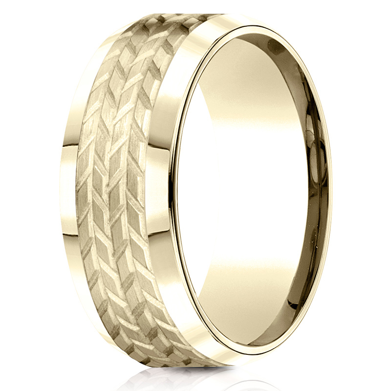 14K all yellow gold 8mm. satin Benchmark-8mm-Comfort-Fit-Beveled-Edge-Treaded-Des - alternate view 5