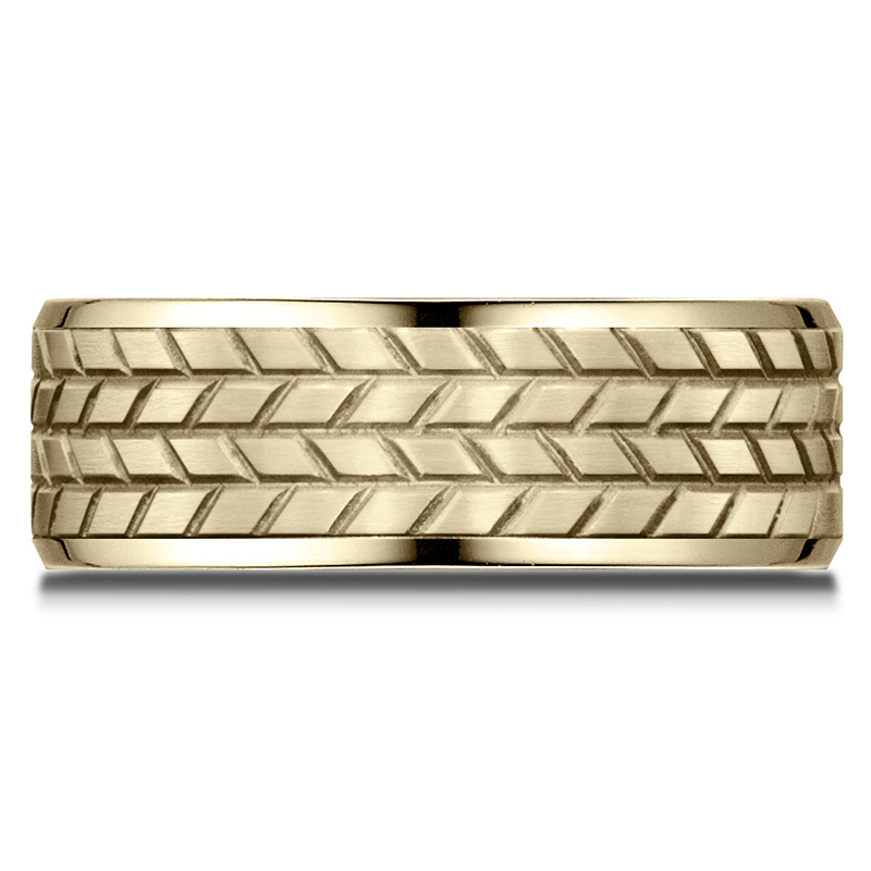 14K all yellow gold 8mm. satin Benchmark-8mm-Comfort-Fit-Beveled-Edge-Treaded-Des - alternate view 7