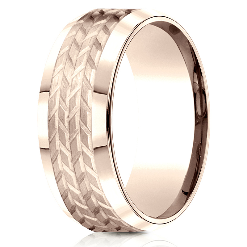 14K pink gold 8mm. satin Benchmark-8mm-Comfort-Fit-Beveled-Edge-Treaded-Des - main view