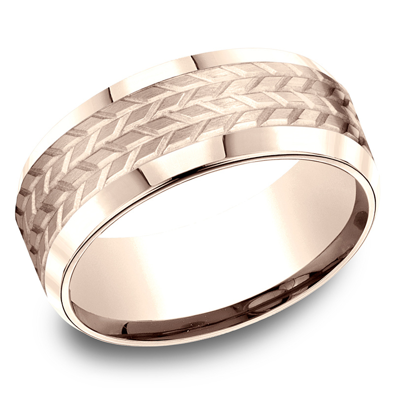 14K pink gold 8mm. satin Benchmark-8mm-Comfort-Fit-Beveled-Edge-Treaded-Des - alternate view 8