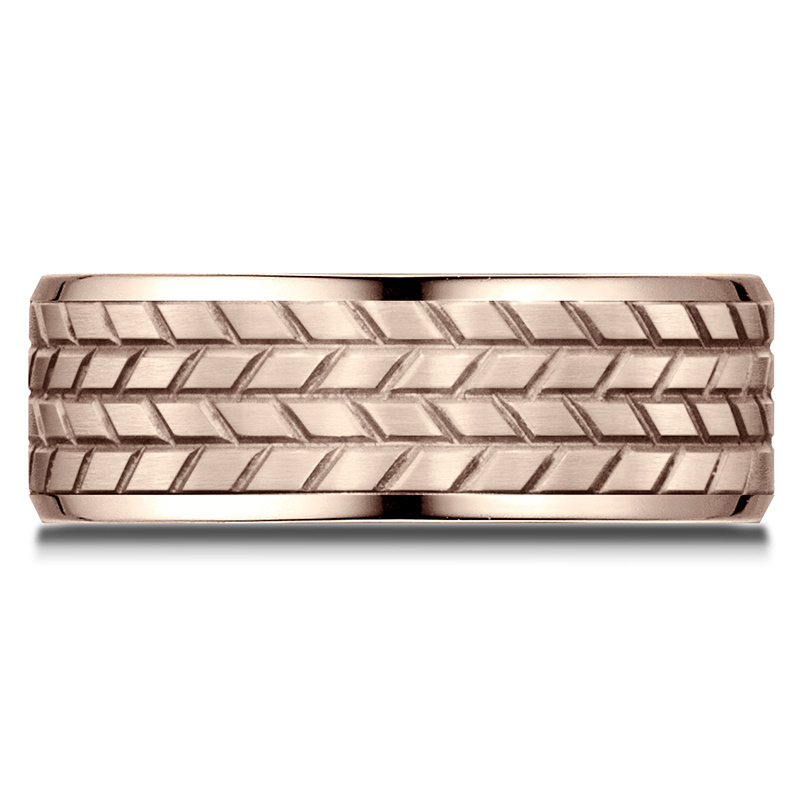 14K pink gold 8mm. satin Benchmark-8mm-Comfort-Fit-Beveled-Edge-Treaded-Des - alternate view 9
