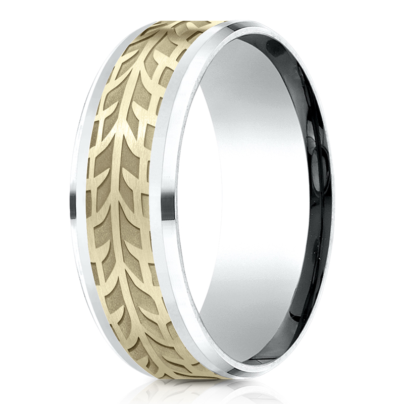 14K white-yellow-white gold 8mm. same as picture Benchmark-8mm-Comfort-Fit-Drop-Bevel-Treaded-Desig - main view