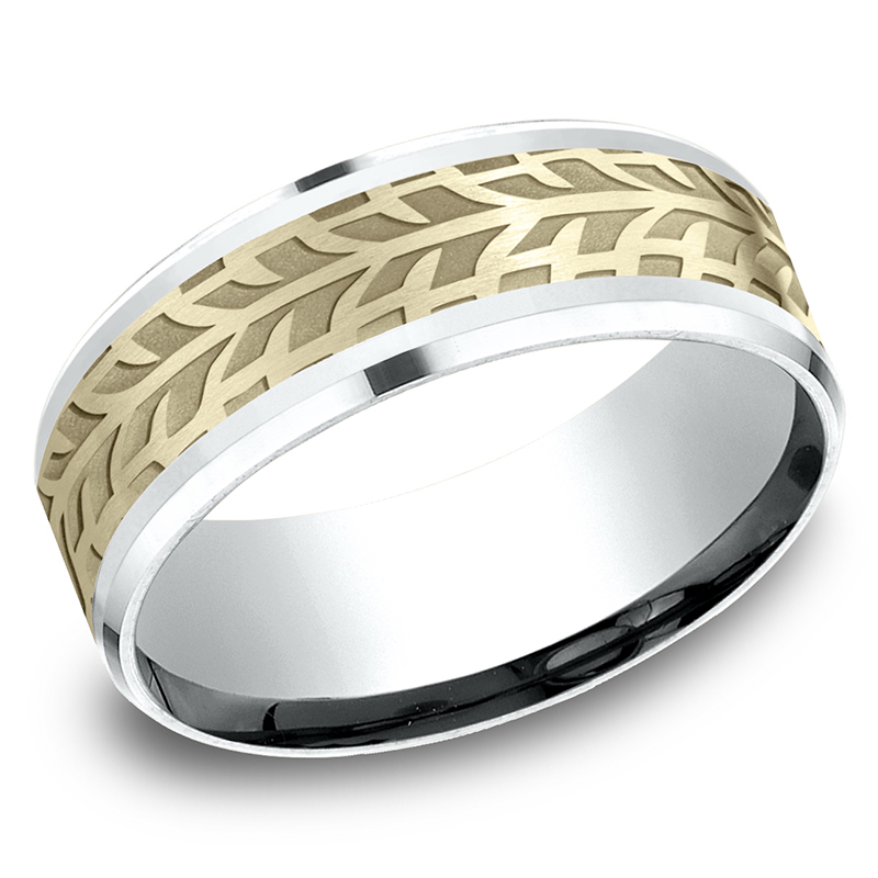 14K white-yellow-white gold 8mm. same as picture Benchmark-8mm-Comfort-Fit-Drop-Bevel-Treaded-Desig - alternate view 2