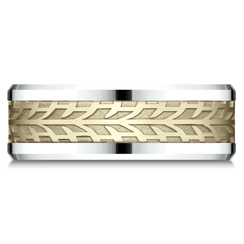 14K white-yellow-white gold 8mm. same as picture Benchmark-8mm-Comfort-Fit-Drop-Bevel-Treaded-Desig - alternate view 3