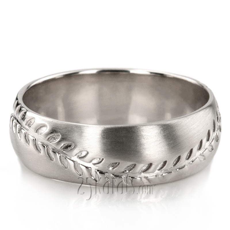 10K white gold 7mm. satin Baseball-Design-Wedding-Ring - main view