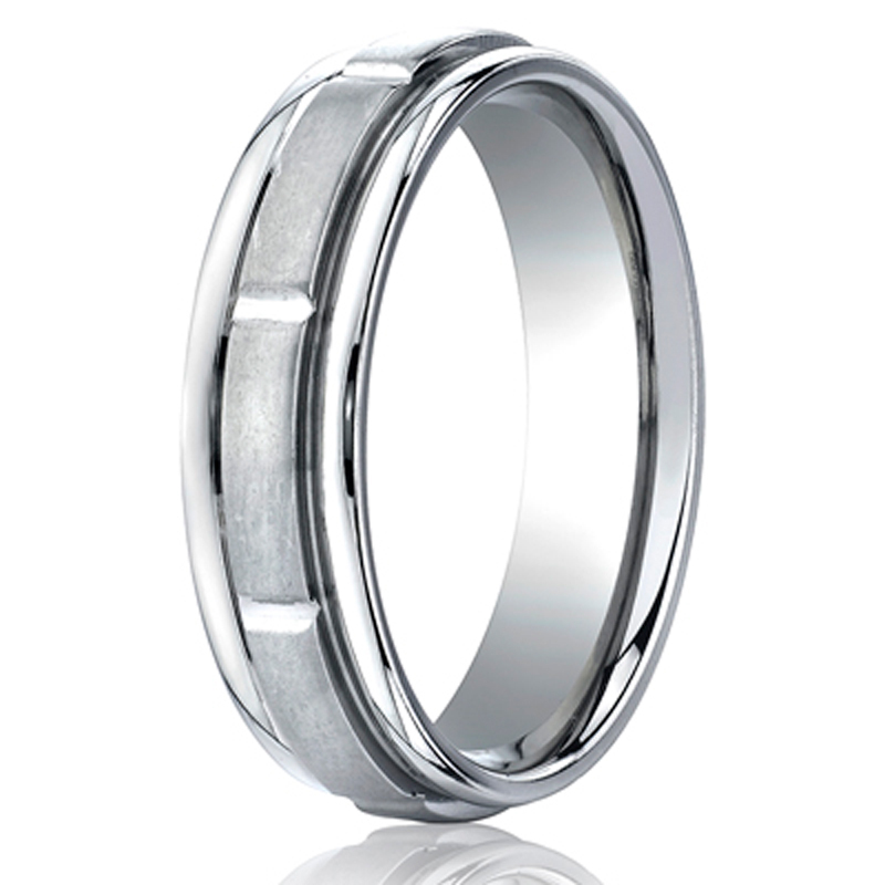 14K white gold 6mm. satin 6mm-Comfort-Fit-Satin-Finished-Round-Edge-Carved-D - alternate view 2