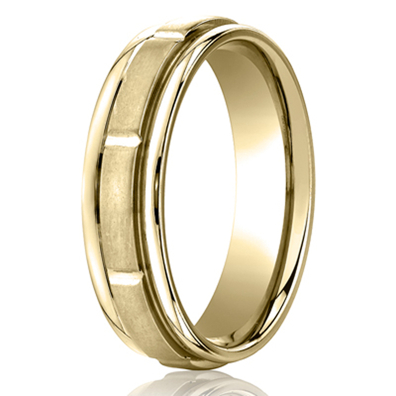 14K yellow gold 6mm. satin 6mm-Comfort-Fit-Satin-Finished-Round-Edge-Carved-D - main view