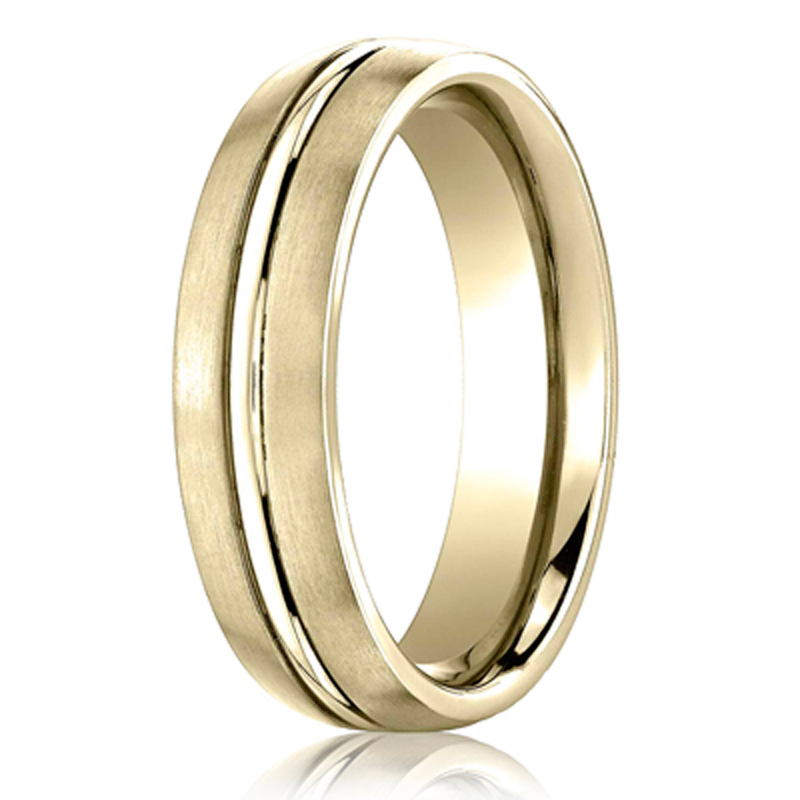 10K yellow gold 6mm. satin 6mm–Comfort-Fit-Satin-Finished-Carved-Design-Band - main view