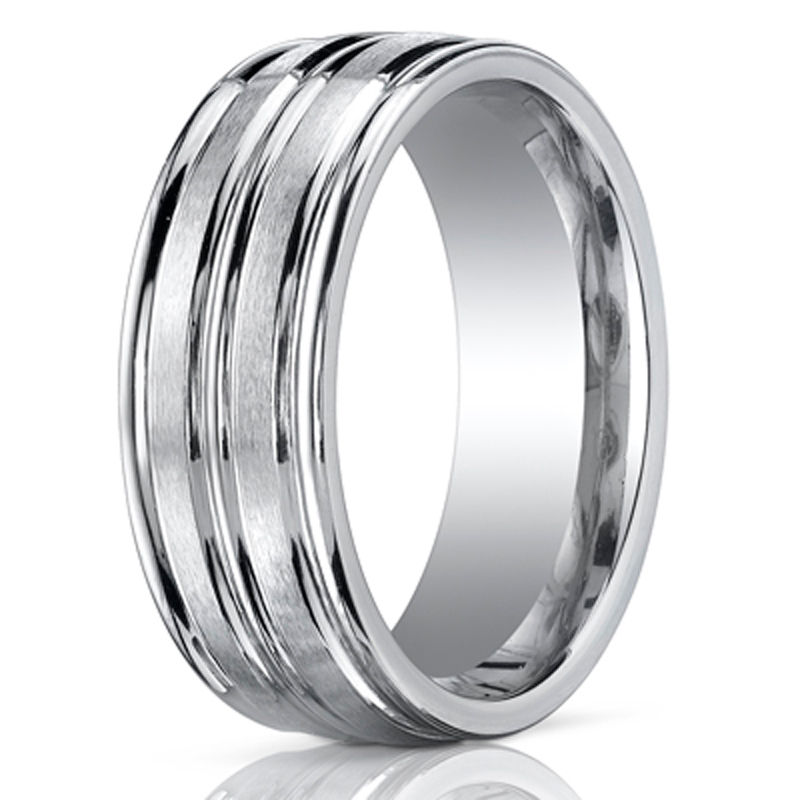 14K white gold 8mm. satin 8mm-Comfort-Fit-Satin-Finished-Round-Edge-Carved-D - alternate view 2