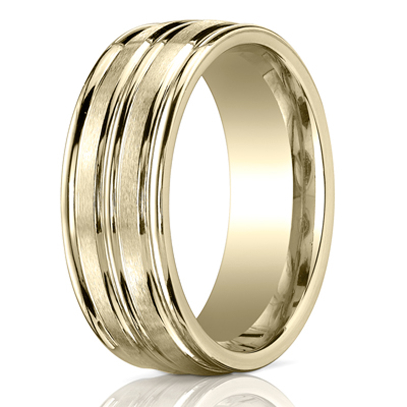 14K yellow gold 8mm. satin 8mm-Comfort-Fit-Satin-Finished-Round-Edge-Carved-D - main view