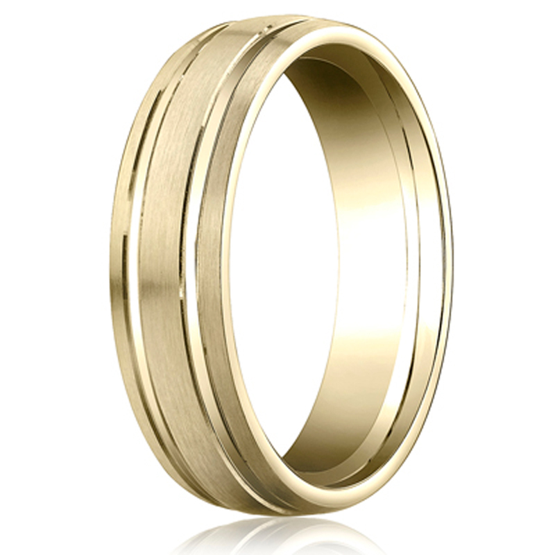 10K yellow gold 6mm. satin 6mm-Comfort-Fit-Finished–with-Parallel-Grooves–Car - main view