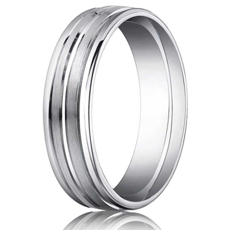 10K white gold 6mm. satin 6mm-Comfort-Fit-Round-Edge-Carved-Design-Band - alternate view 2