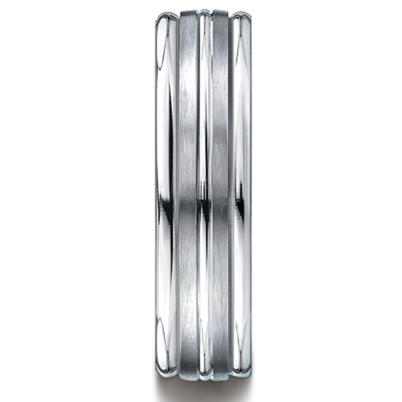 10K white gold 6mm. satin 6mm-Comfort-Fit-Round-Edge-Carved-Design-Band - alternate view 3
