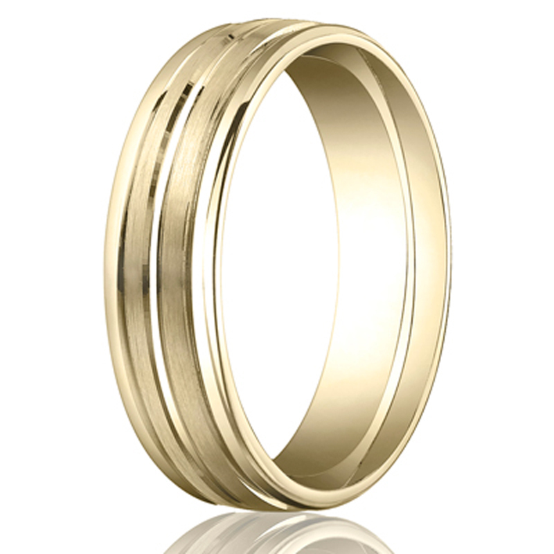 10K yellow gold 6mm. satin 6mm-Comfort-Fit-Round-Edge-Carved-Design-Band - main view