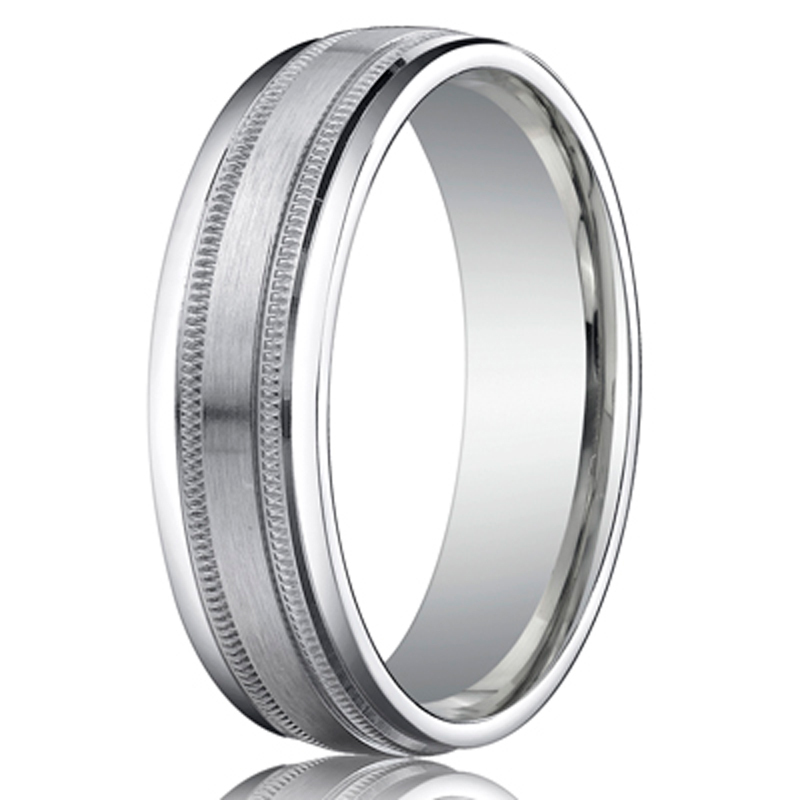 10K white gold 6mm. satin 6mm-Comfort-Fit-with-Milgrain-Round-Edge-Design-Ba - alternate view 2