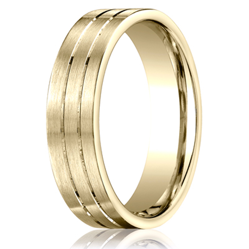 Benchmark 6mm Comfort-Fit Satin-Finished with Parallel Center Cuts Carved Design Band
