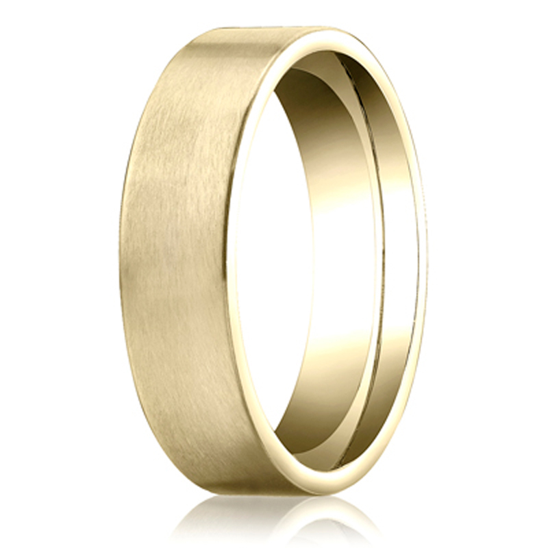 14K yellow gold 6mm. satin 6mm-Comfort-Fit-Satin-Carved-Design-Band - main view
