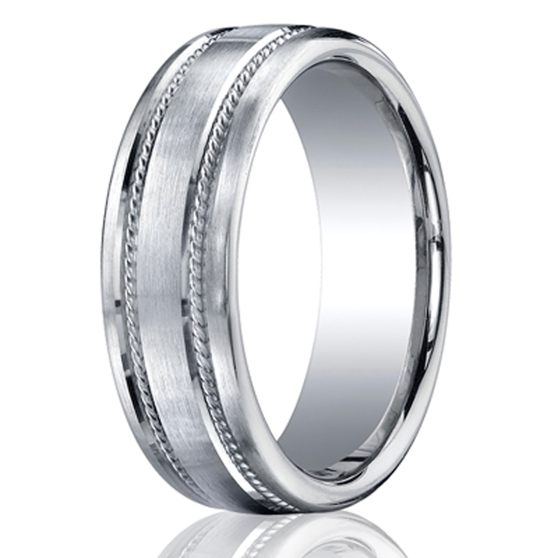 14K white gold 7.5mm. satin 7.5mm-Comfort-Fit-Rope-Carved-Design-Band - alternate view 2