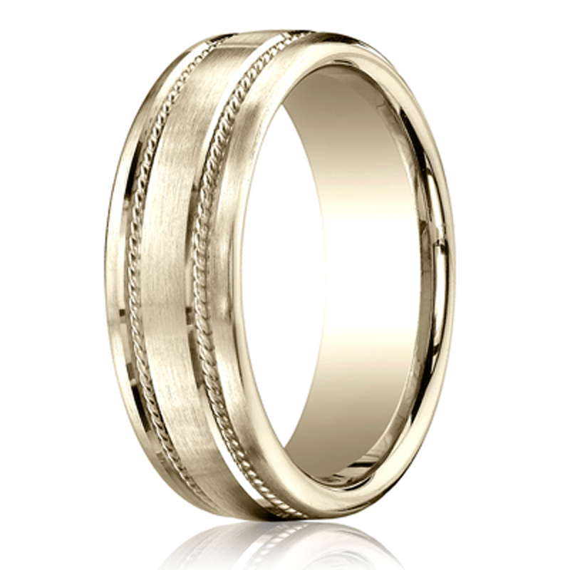 14K yellow gold 7.5mm. satin 7.5mm-Comfort-Fit-Rope-Carved-Design-Band - main view
