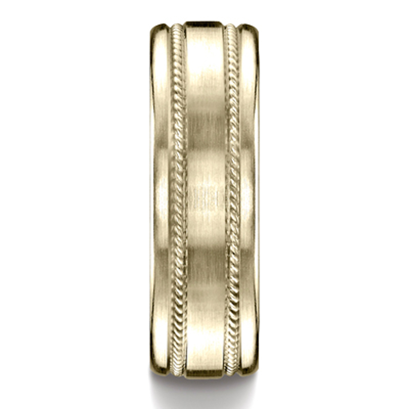 14K yellow gold 7.5mm. satin 7.5mm-Comfort-Fit-Rope-Carved-Design-Band - alternate view 4