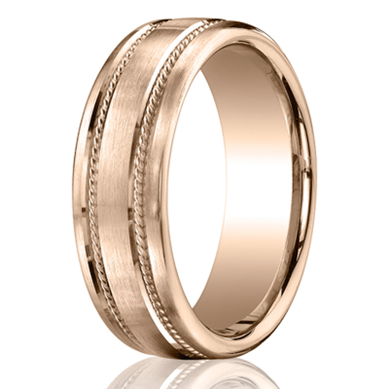 14K pink gold 7.5mm. satin 7.5mm-Comfort-Fit-Rope-Carved-Design-Band - alternate view 5