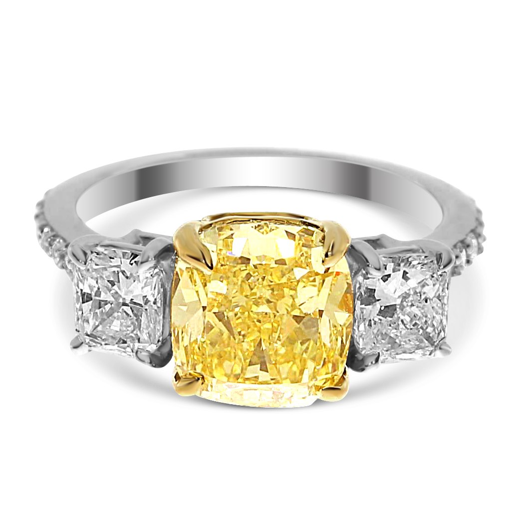 3.01 Cushion Shape Yellow Diamond Ring